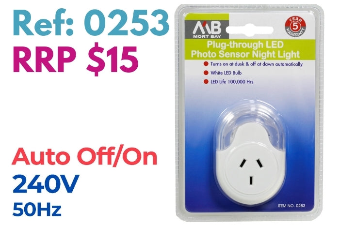 Mort Bank plug-through LED sensor night light in retail blister packaging, shown on a white background with product text overlays including 'Ref: 0253', 'RRP $15', 'Auto Off/On', and '240V 50Hz'.