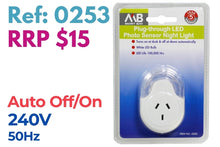 Mort Bank plug-through LED sensor night light in retail blister packaging, shown on a white background with product text overlays including 'Ref: 0253', 'RRP $15', 'Auto Off/On', and '240V 50Hz'.