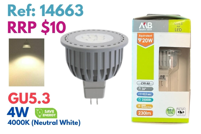 Mort Bay LED Bulb GU5.3 Directional Spot Beam - 4000K Neutral White - JTC Import Export Pty Ltd