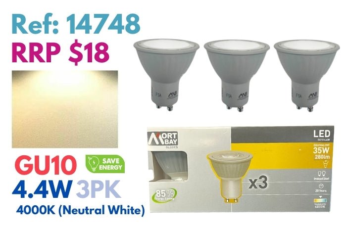 Mort Bay Led Bulb GU10 Directional Spot Beam Globes - 4000K Neutral White - JTC Import Export Pty Ltd