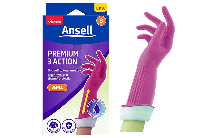Ansell Premium 3 Action grip cuff rubber gloves in small size, shown next to their retail packaging box. The gloves are a vibrant magenta pink with a white cuff, and the box features a purple and white design with the Ansell brand logo.